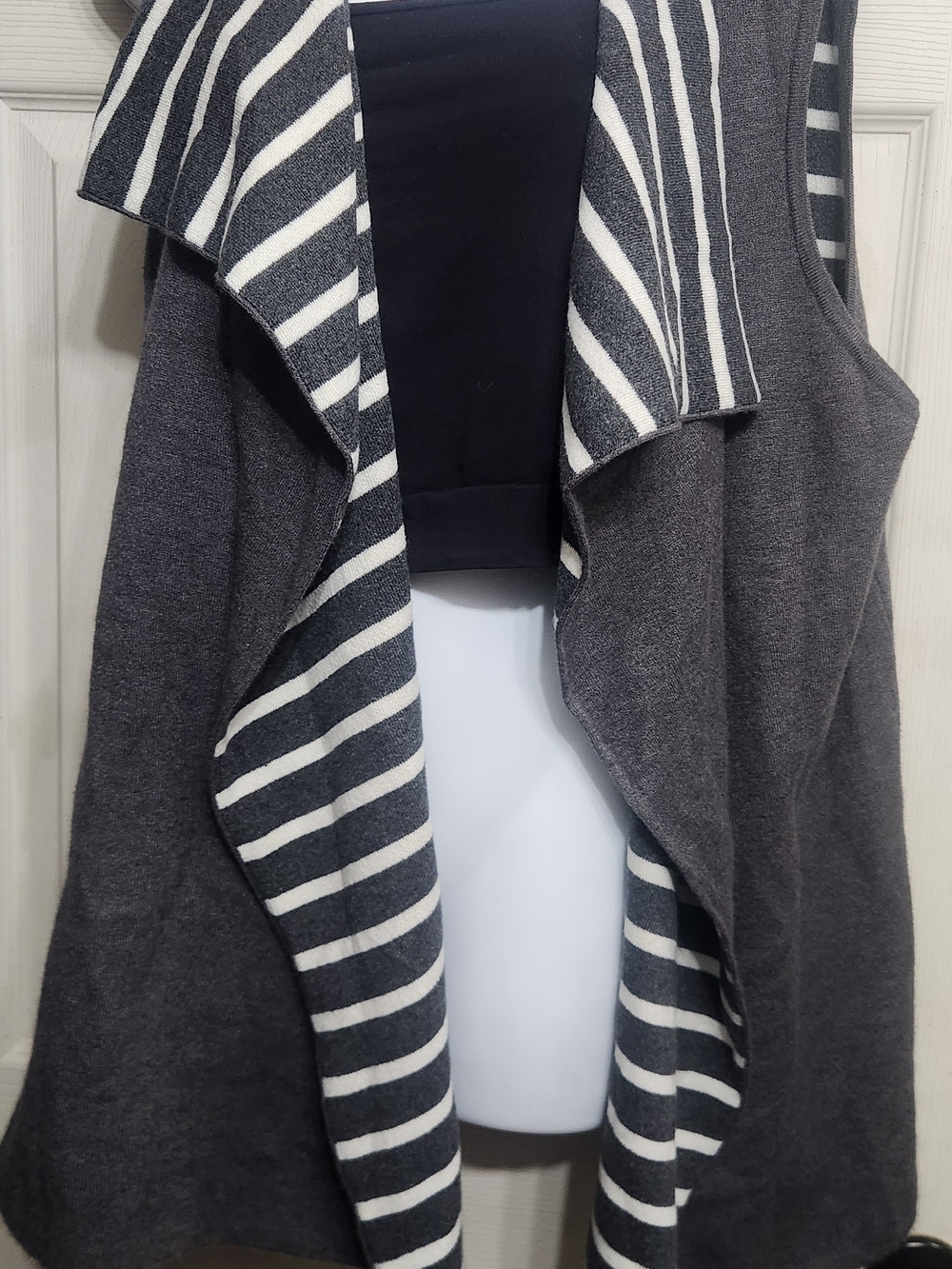 Gray and White Striped Open-Front Women's Sweater Vest